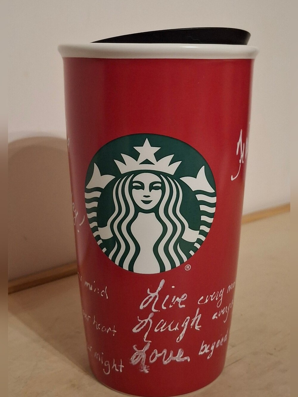 2016 starbucks ceramic 12oz travel tumbler, inspirational script & press-in lid